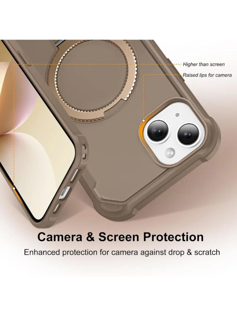 Slim Khaki iPhone 13 & 14 Case with Magnetic Kickstand, 10FT Drop Protection